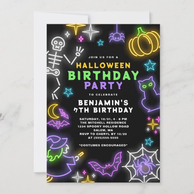 Neon Halloween Boys 7th Birthday Costume Party Invitation (Front)