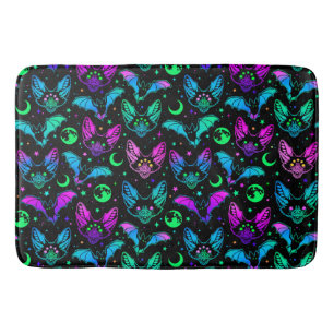 Neon Halloween Cats, Bats, Moons and Stars   Bath Mat