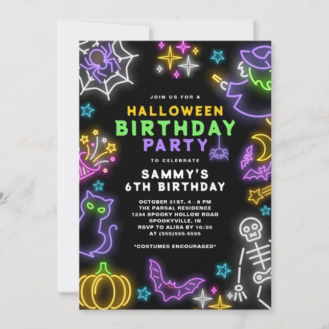 Neon Halloween Girls 6th Birthday Costume Party Invitation (Front)