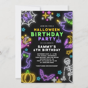 Neon Halloween Girls 6th Birthday Costume Party Invitation