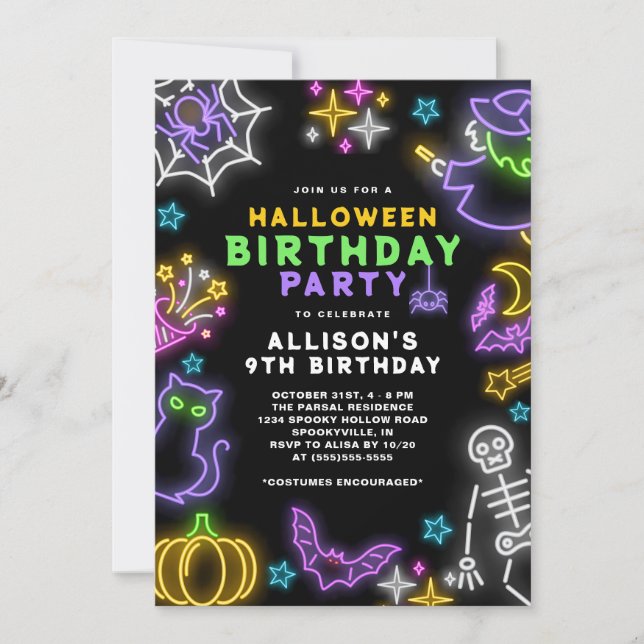 Neon Halloween Girls 9th Birthday Costume Party Invitation (Front)