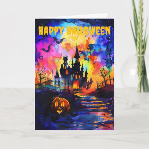 Neon Halloween Haunted Castle Holiday Card