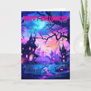 Neon Halloween Haunted Castle Holiday Card