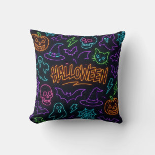 Neon Halloween Pattern Ghosts Pumpkins Bats Cushion