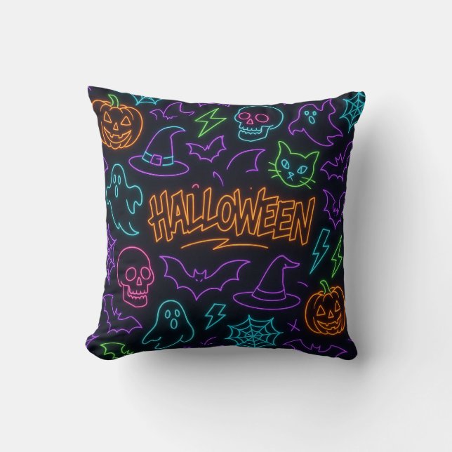 Neon Halloween Pattern Ghosts Pumpkins Bats Cushion (Front)