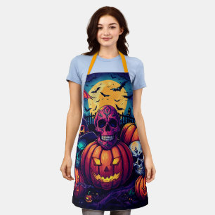 Neon Halloween , Vibrant Pumpkin Skull Full moon Apron