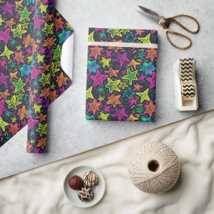 Neon Hand-Drawn Star Pattern on Midnight Backgroun Wrapping Paper