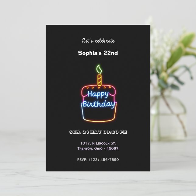 Neon Happy Birthday Cake Design – Fun and Vibrant  Invitation (Creator Uploaded)