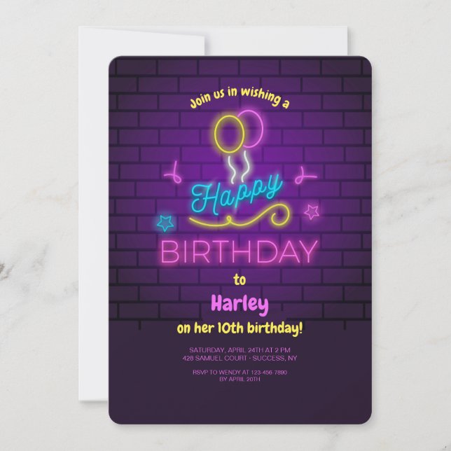 Neon Happy Birthday Invitation (Front)