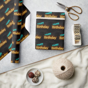 Neon Happy Birthday Sign on Brick Wrapping Paper