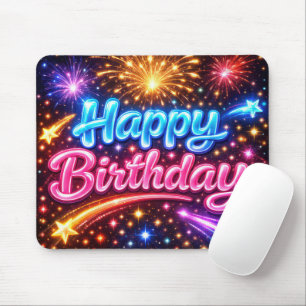 Neon Happy Birthday with Shooting Stars Mouse Mat