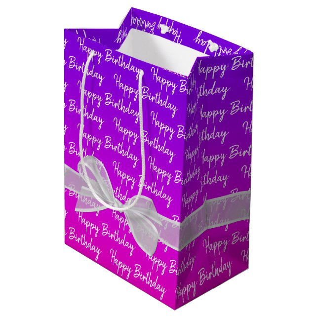 Neon Happy Birthday With White Bow Medium Gift Bag (Back Angled)