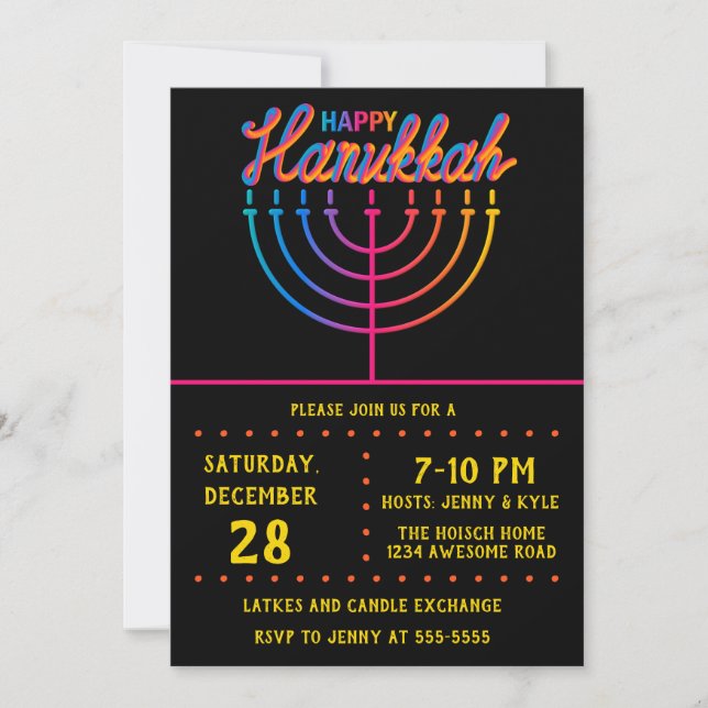Neon Happy Hanukkah Menorah Invitation (Front)