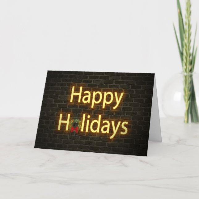 Neon Happy Holiday sign on brick wall (Front)