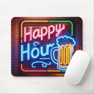 Neon Happy Hour Sign On Brick Mouse Mat