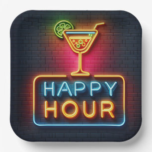 Neon Happy Hour Sign Paper Plate