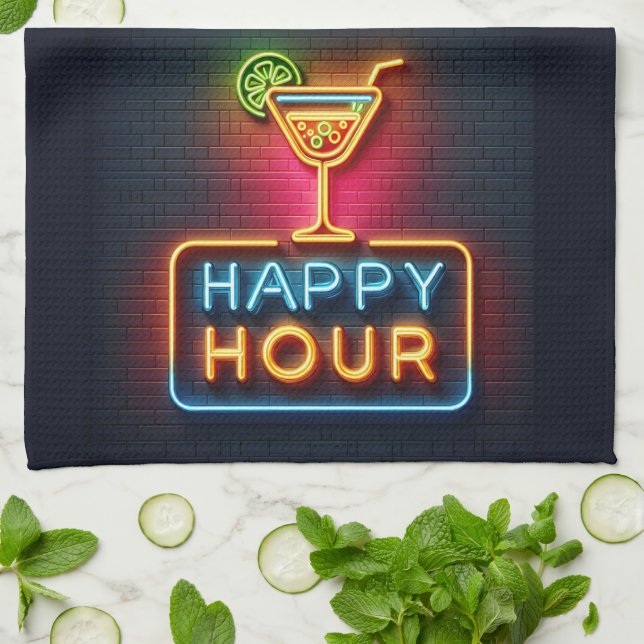 Neon Happy Hour Sign Tea Towel (Folded)