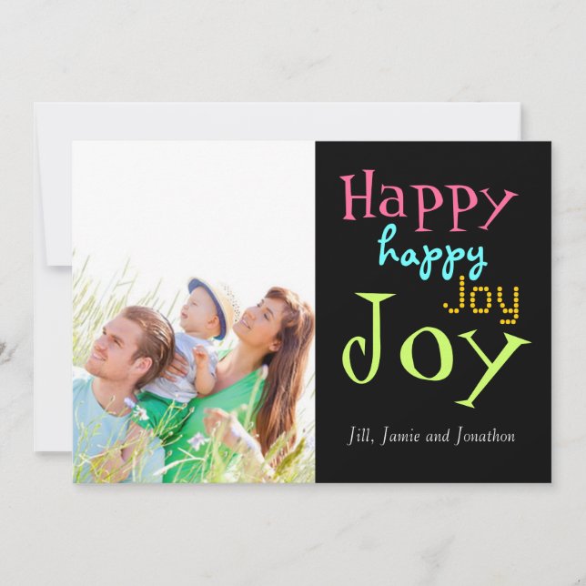 Neon Happy Joy Typography Christmas Photo Card (Front)