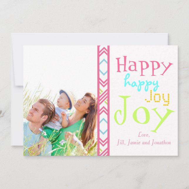 Neon Happy Joy Typography Christmas Photo Card (Front)