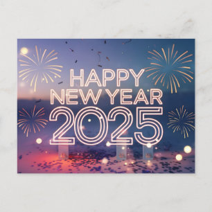 Neon Happy New Year 2025 Fireworks Holiday Postcard