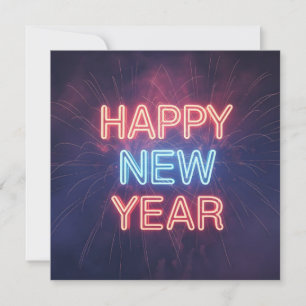 Neon "Happy New Year" Typography with Fireworks Holiday Card