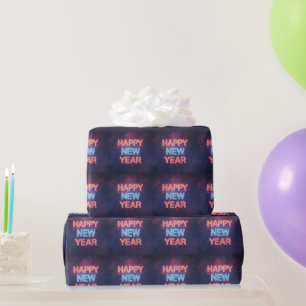Neon "Happy New Year" Typography with Fireworks Wrapping Paper