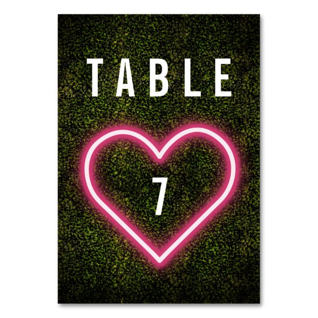 Neon Heart Boxwood Wedding Table Number (Front)