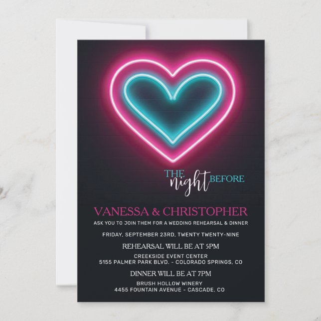 Neon Hearts Night Before Wedding Rehearsal Invitation (Front)