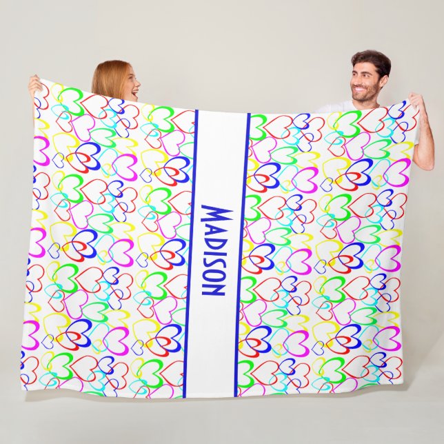 Neon Hearts on White, Personalised Fleece Blanket (In Situ)
