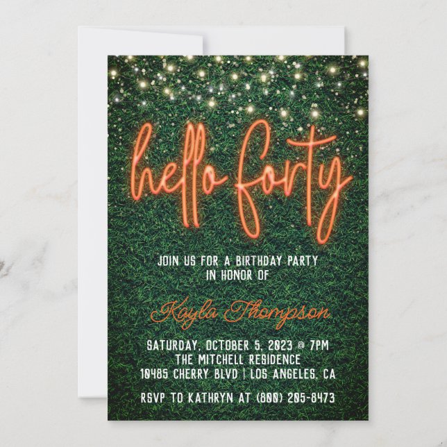 Neon Hello Forty 40th Birthday Party Invitation (Back)