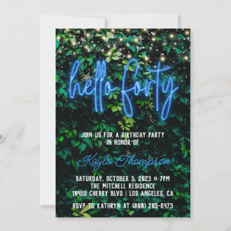 Neon Hello Forty 40th Birthday Party Invitation