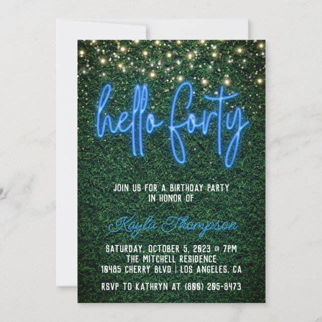 Neon Hello Forty 40th Birthday Party Invitation (Back)