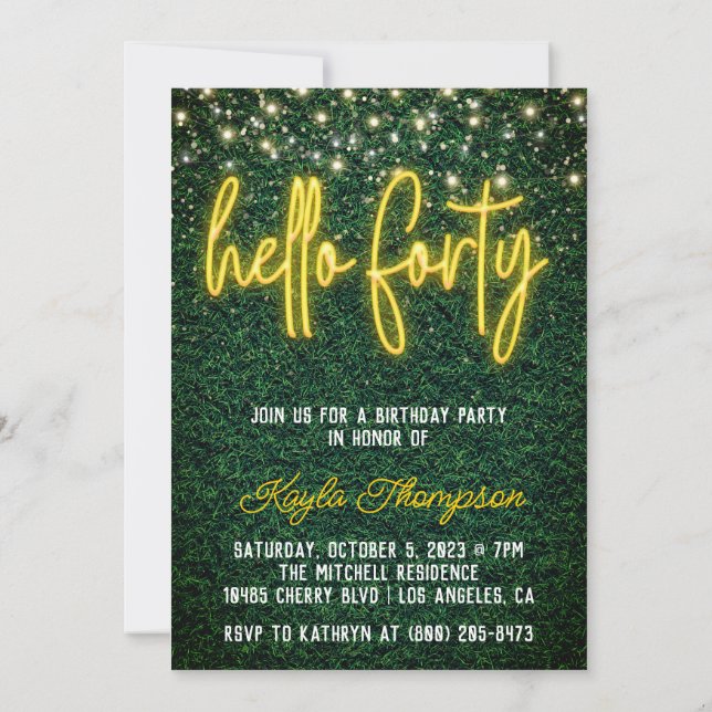 Neon Hello Forty 40th Birthday Party Invitation (Back)