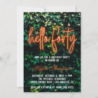 Neon Hello Forty 40th Birthday Party Invitation