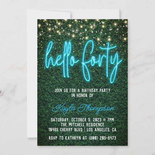 Neon Hello Forty 40th Birthday Party Invitation (Back)