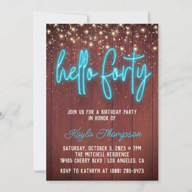 Neon Hello Forty Wooden Birthday Invitation (Back)