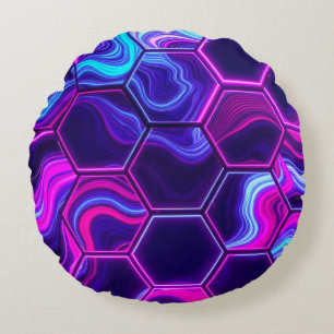 Neon Hexagon Pink Purple Marble Abstract Pattern Round Cushion