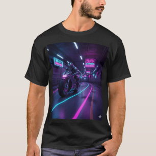 Neon Highway Rider Cyberpunk Motorcycle Art T-Shirt