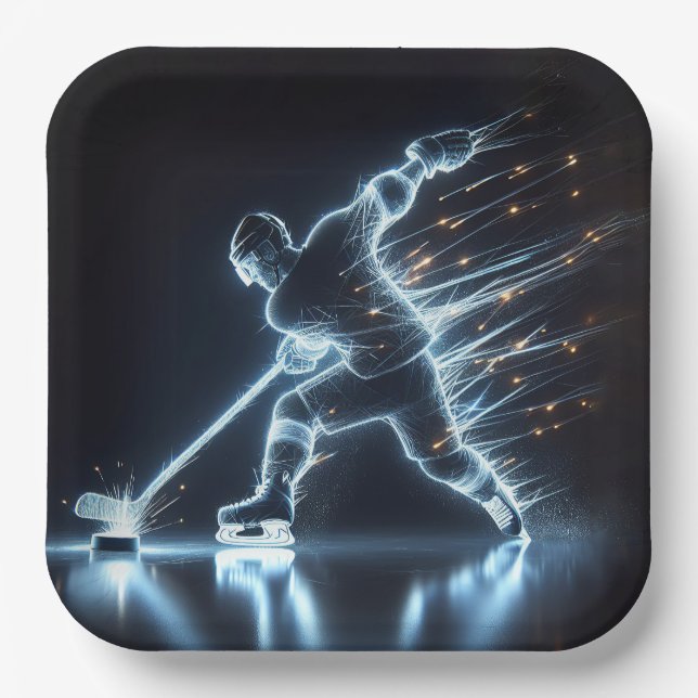 Neon Hockey Player On Ice Paper Plate (Front)