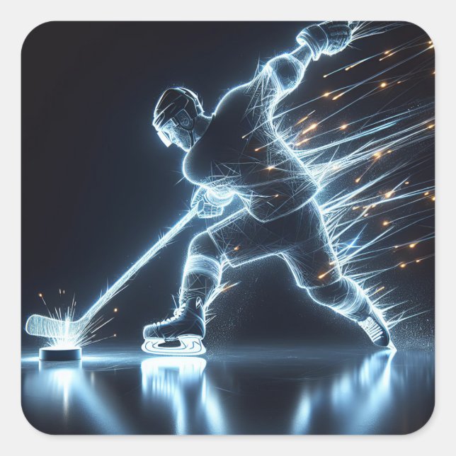 Neon Hockey Player On Ice Square Sticker (Front)
