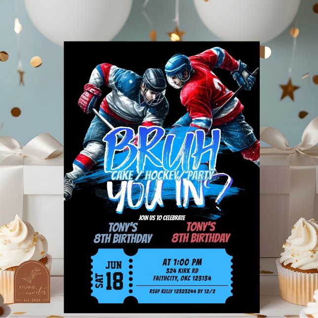 Neon Hockey Teenager Joint Birthday Invitation (Creator Uploaded)