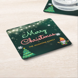 Neon Holiday Christmas Party Square Paper Coaster