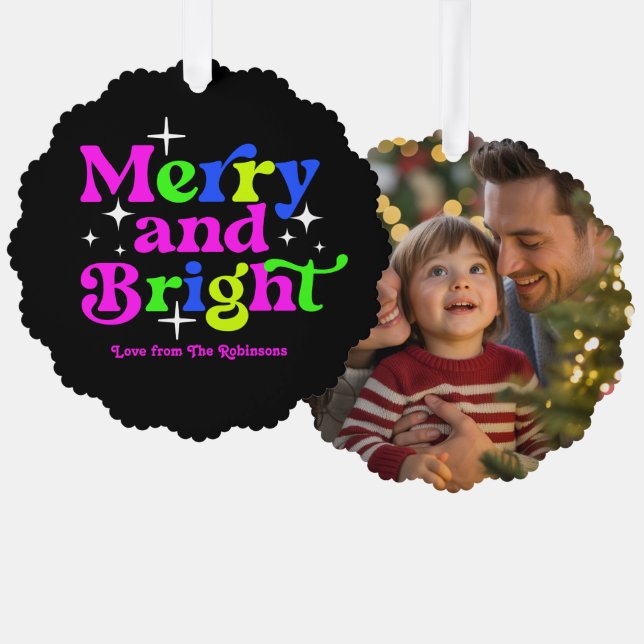 Neon Holiday Merry & Bright Retro Christmas Photo Tree Decoration Card (Front/Back)