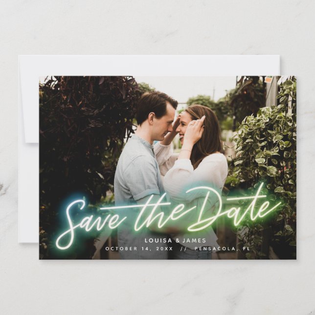 Neon Horizontal Photo Save the Date Invitation (Front)