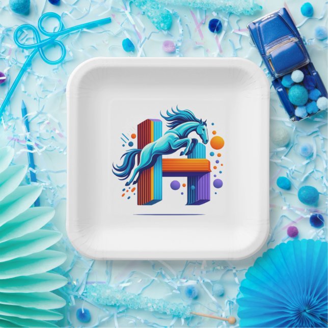 Neon Horse Jump Over H Letter Paper Plate (Party)