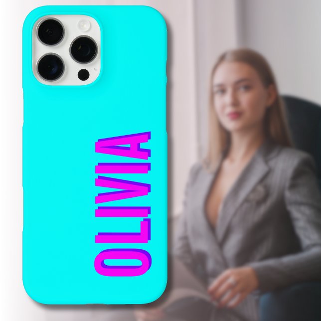 Neon Hot Pink 3D Modern Name | Trendy Cool Blue Case-Mate iPhone Case (Creator Uploaded)