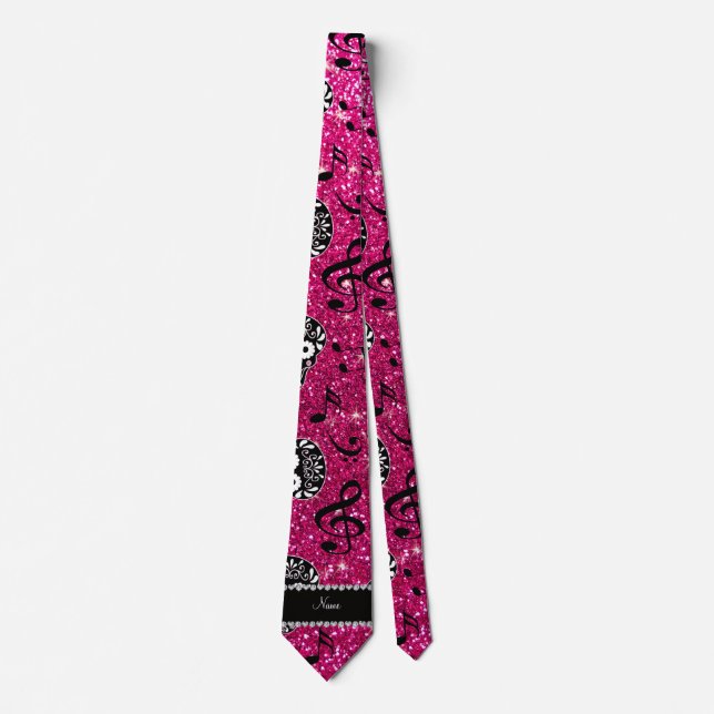 Neon hot pink glitter music notes sugar skulls tie (Front)