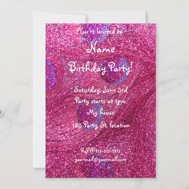 neon hot pink glitter peacock feathers invitation (Front)