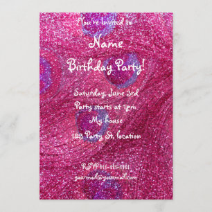 neon hot pink glitter peacock feathers invitation