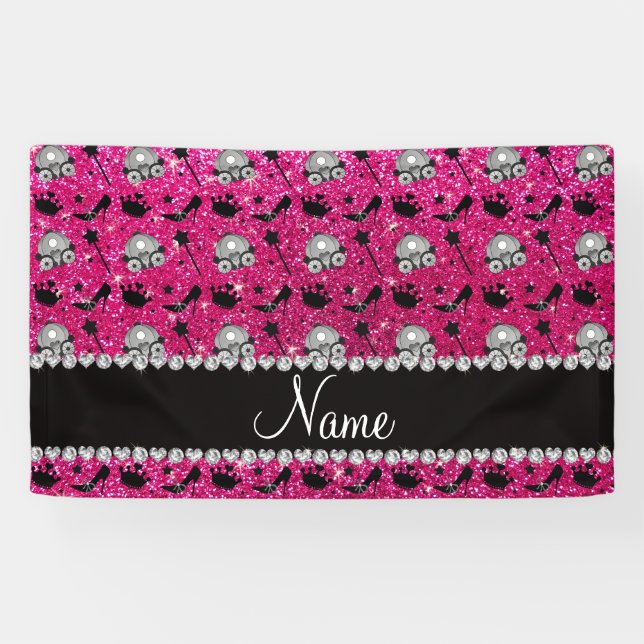 Neon hot pink glitter princess crown wand stars banner (Horizontal)